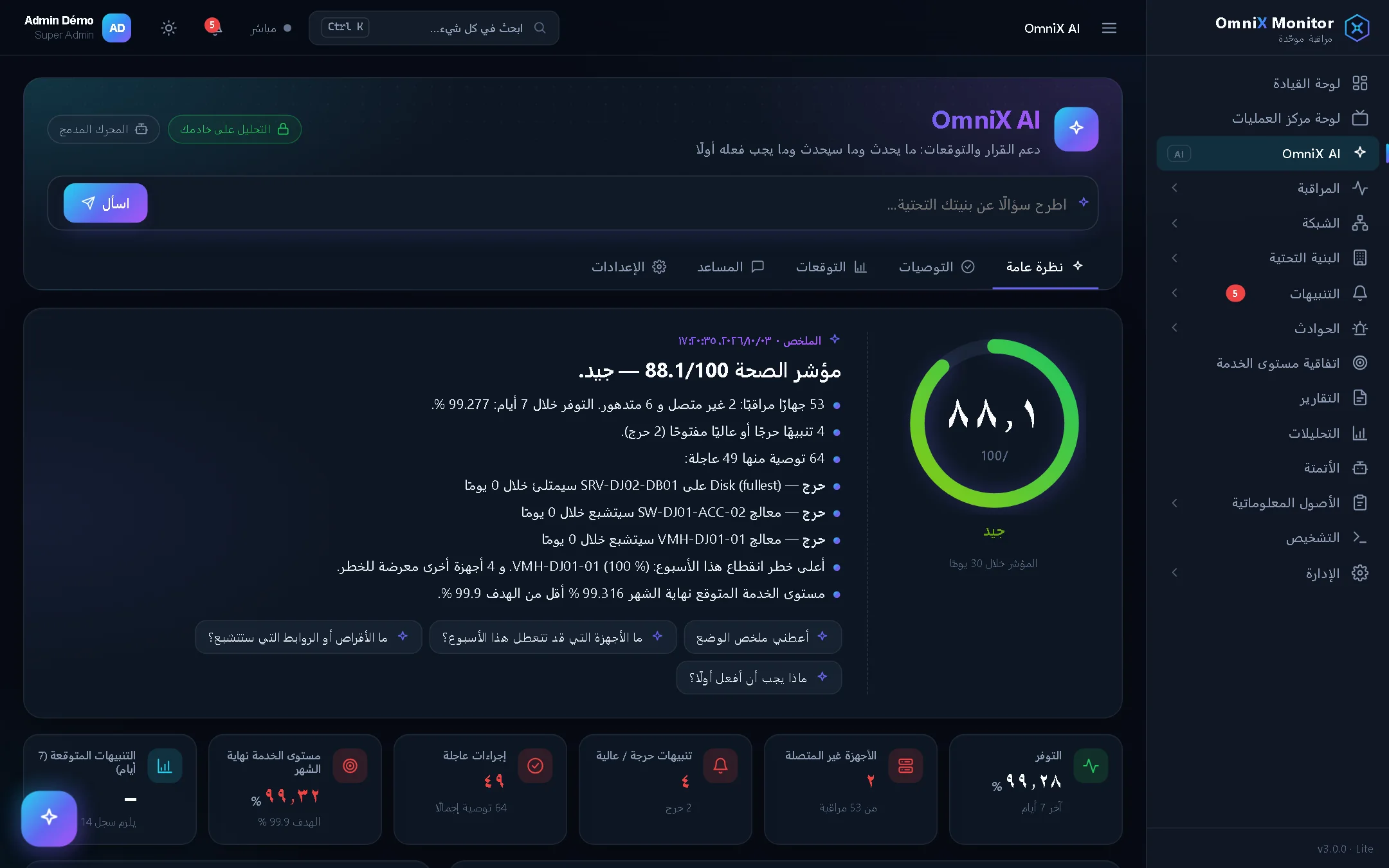 OmniX AI: مؤشر الصحة والتوصيات ذات الأولوية والتوقعات