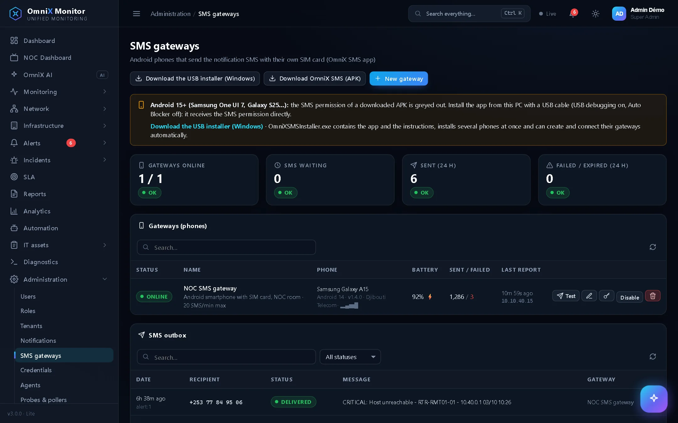 Android SMS gateway online: battery, signal, operator and SMS sent